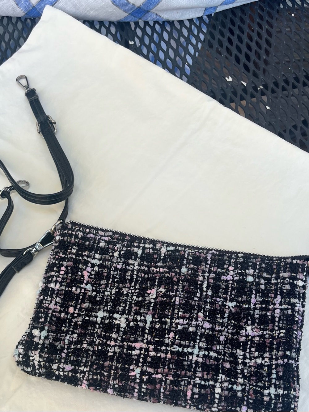 Women's Black & White Tweed Crossbody Bag with Adjustable Strap